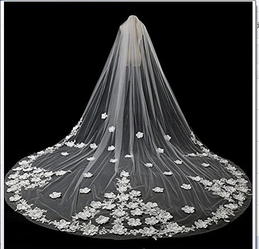 Elegant 3/5 Meters Wedding Veils White/Ivory Long Lace Edge 3D Flowers Applique Cathedral Bridal Veil With Comb Accessories New