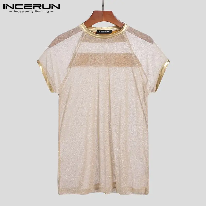 INCERUN Tops 2023 New Mens America Style Tees Sexy Shining Metal Mesh Perspective Casual Round Neck Short Sleeve T-Shirt S-5XL 7