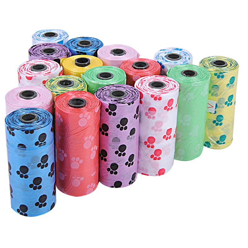 Degradable Pet Dog Waste Poop Bag com impressão, Doggy Bag para Cat, cor aleatória, 1 rolo, 5 rolo, 10 rolo, venda quente