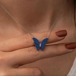 Gold CZ Black White Blue Butterfly Pendants Necklace For Women Stainless Steel Link Chain Bijoux Femme Men Birthday Gift