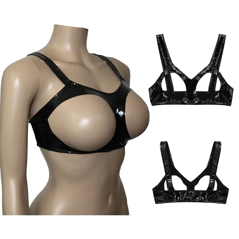 Womens Sexy Lingerie Faux Leather Cupless Bra Vest Wetlook Open Cups Bra Tank Bralette Crop Tops For Women Fetish Underwear