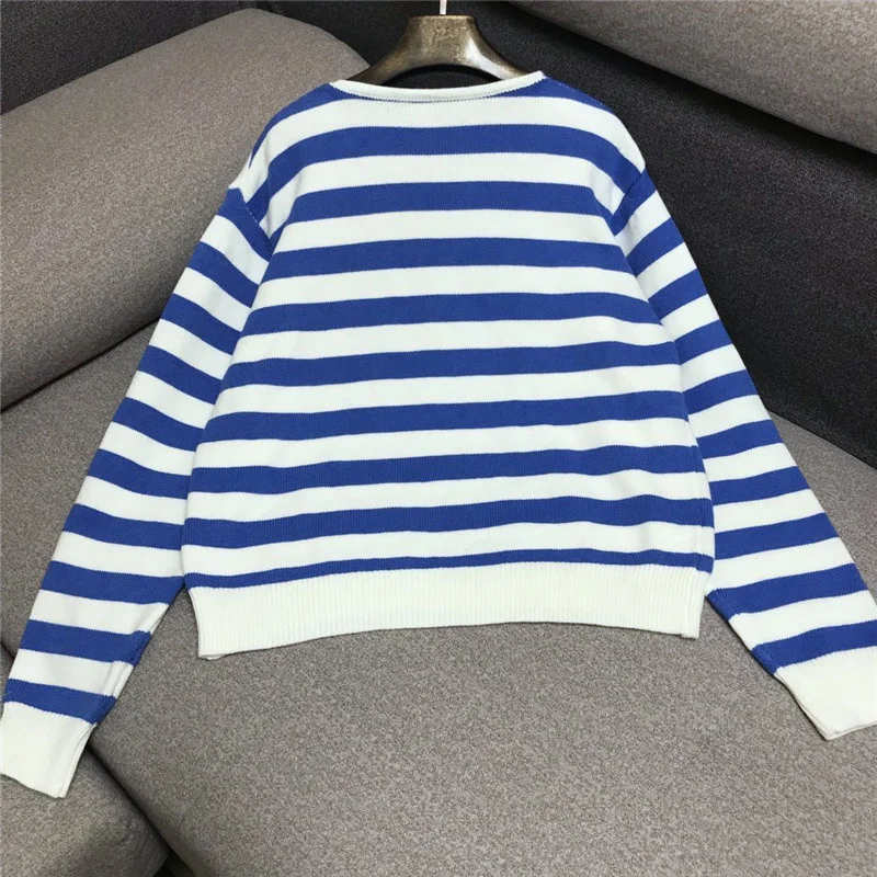 Striped New Knitting Top Women Beaded Spliced Red Bowknot Mixed Color Sweater Office Lady Fashion Autumn Winter Korean Pullover