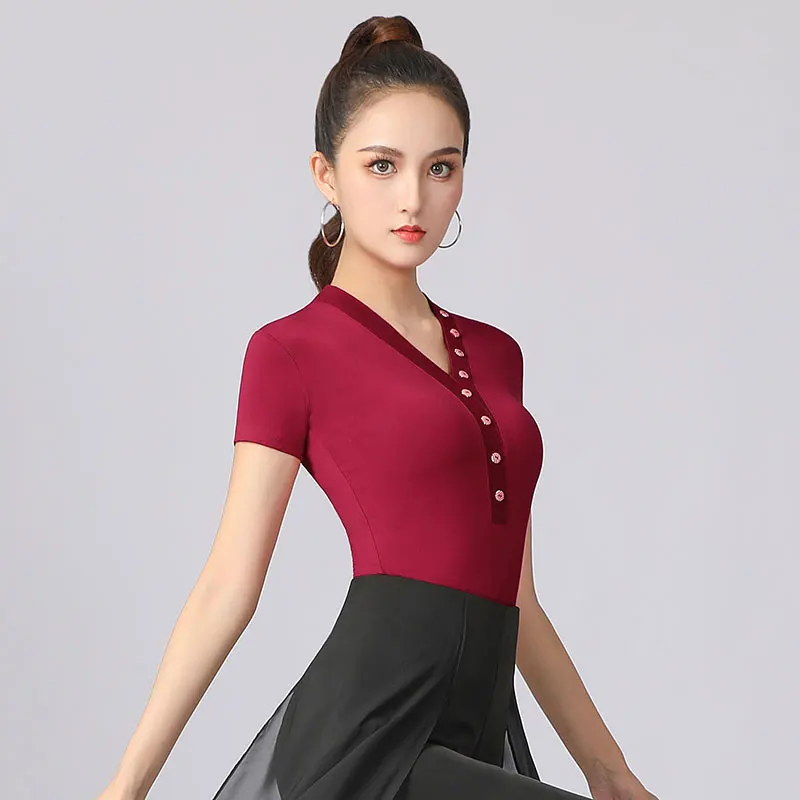 Abiti da allenamento latino donna professionale New Dance Rumba National Standard Dance Practice Clothes Square Dance Shirt Summer