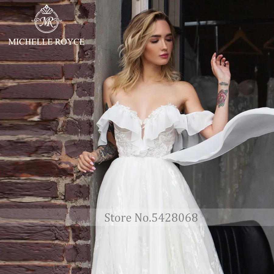 Michelle Royce A-Line Wedding Dresses For Women 2022 Sweetheart Ruffles Sleeve Lace Chapel Train Wedding Gown Vestidos De Novia