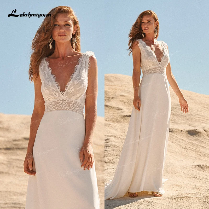 Neue V-Ausschnitt Spitze Boho Strand Brautkleider Frauen rücken frei Chiffon einfach lang eine Linie böhmischen Brautkleid vestido de novia