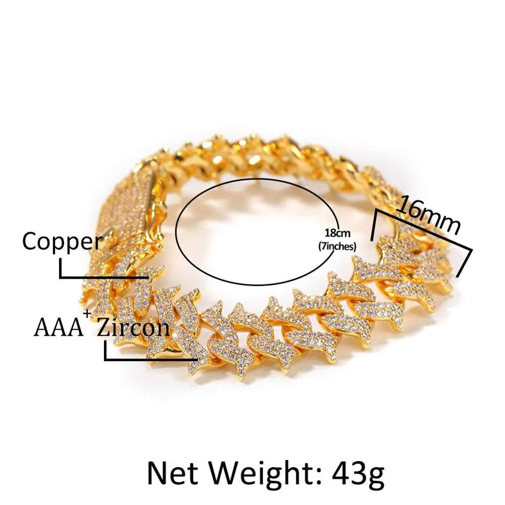 

Новый 16-миллиметровый хип-хоп микро-асфальтированный циркониевый камень Bling Iced Out Thorns кубинский браслет ожерелья колье для мужчин рэпер ювелирные изделия подарки