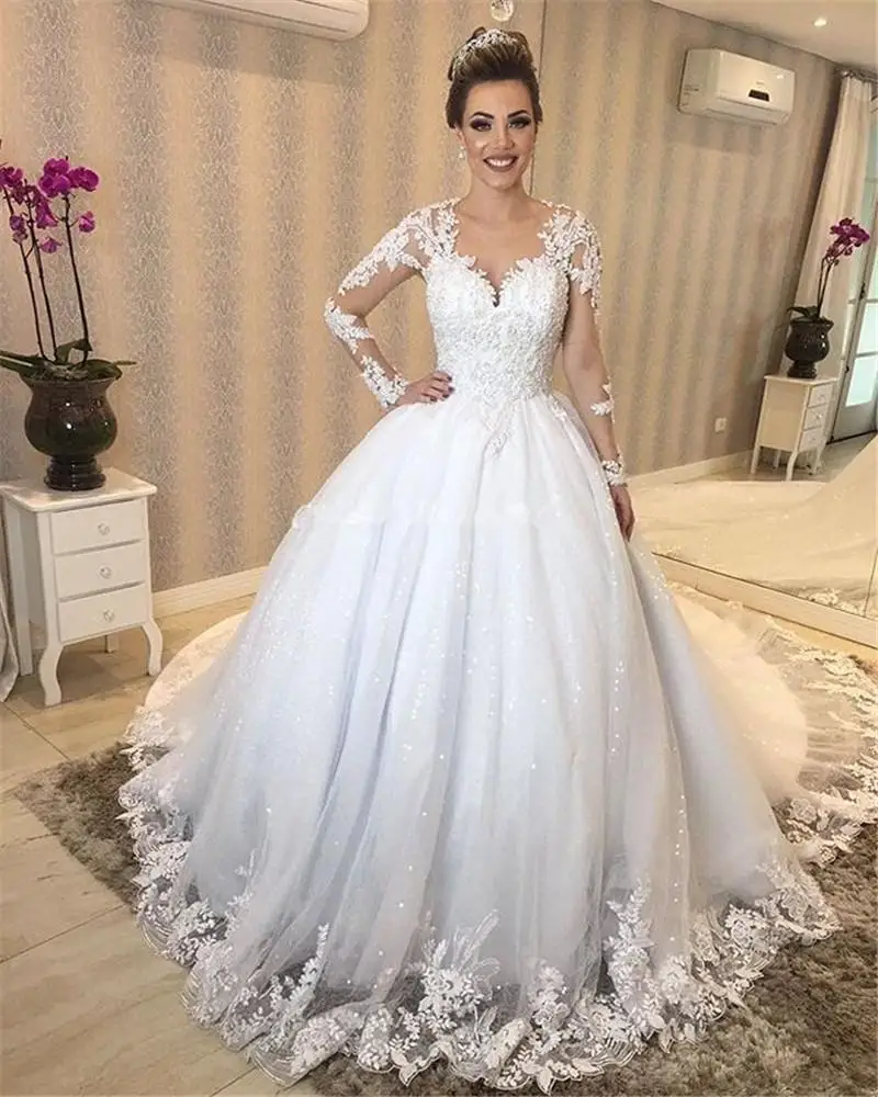 

Fashion Women Ballgown Long Sleeves Wedding Dresses Sweep Train Lace Appliques Bridal Gowns Beautiful Ladies Vestido De Novia