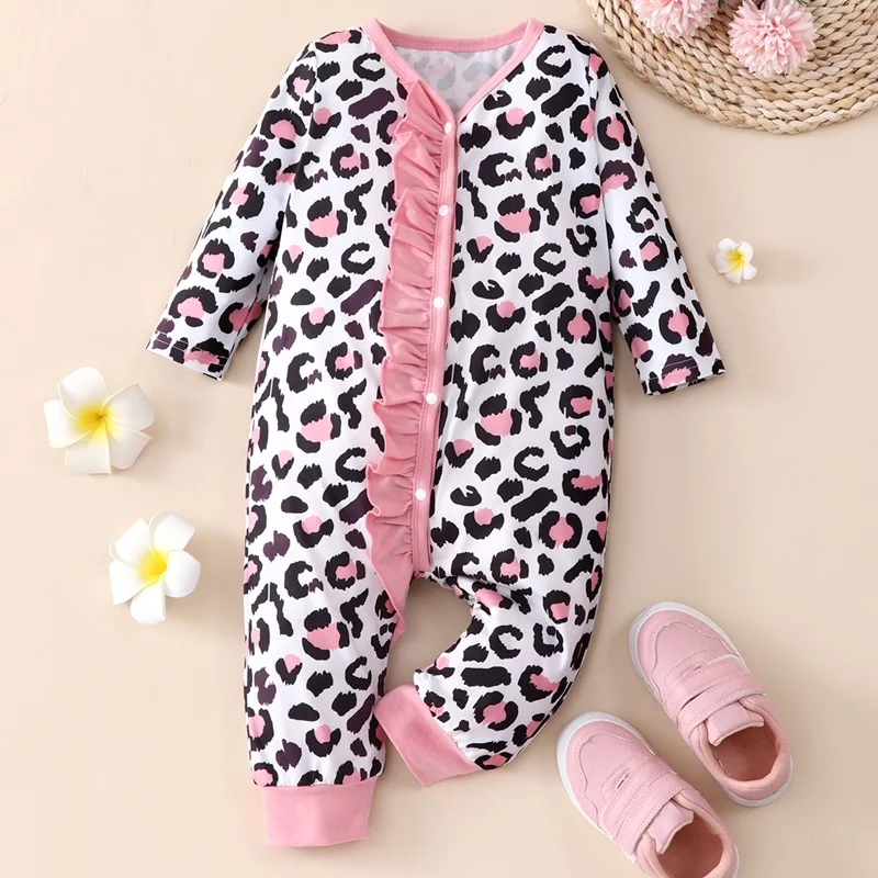 New Baby Clothes Baby Girl Romper Baby Girl Clothes Leopard Ruffles Single Breasted Long Sleeve Baby Rompers Spring Fall 0-18M