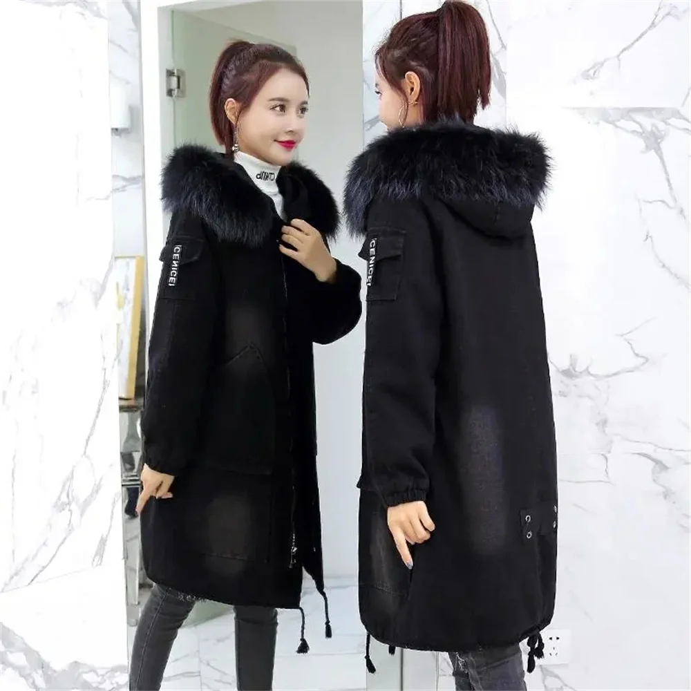 2025 New Thick Velvet Hooded Denim Jacket Women Mid-Length Thick Winter Jacket Korean Loose Warm Cotton Coat Students Overcoat