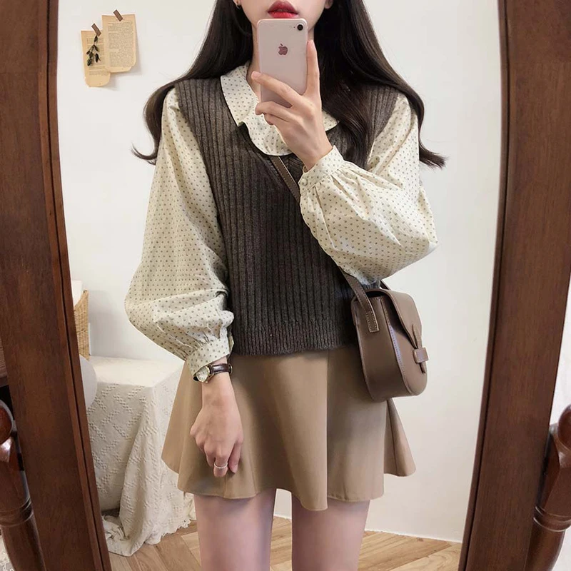 winter knitted top pullover v neck sleeveless design korea Japanese preppy style girls bow tie sweater woolen vest vest 10327