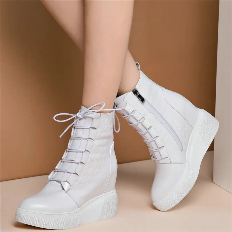 2025 Snow Boots Women Lace Up Genuine Leather High Heel Platform Pumps Female High Top Pointed Toe Fashion Sneakers Casual Shoes