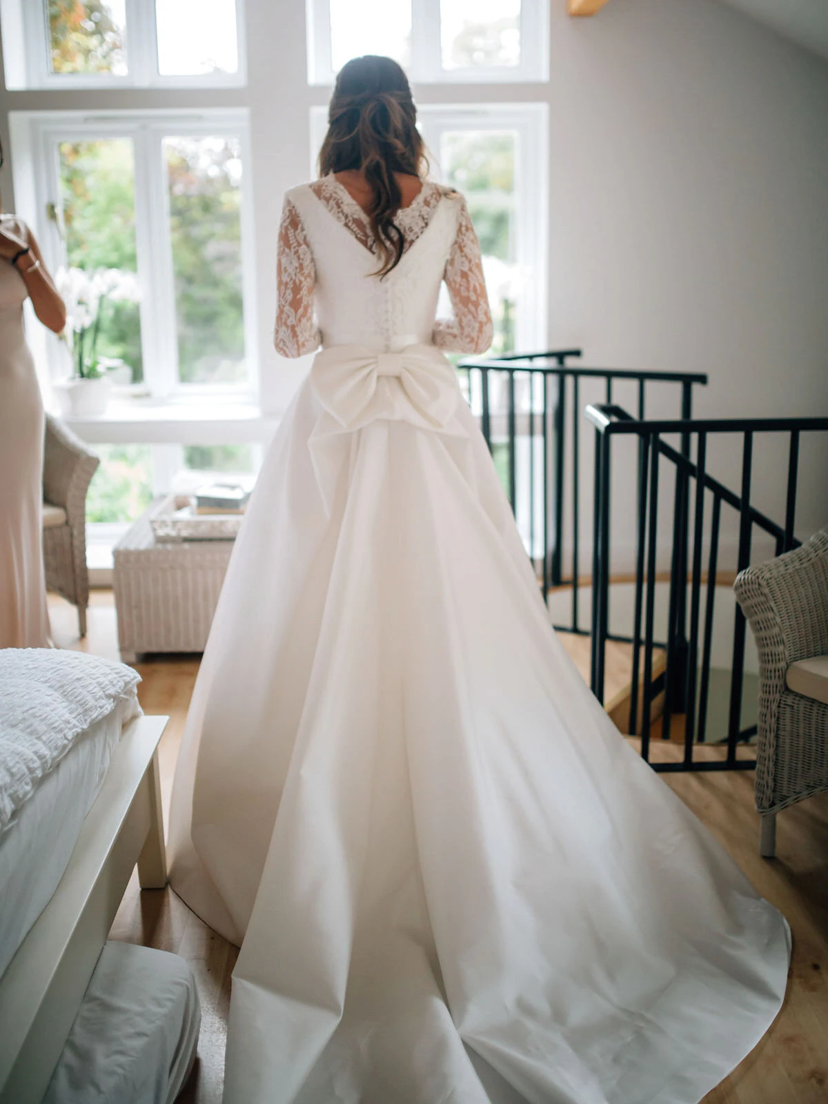 Vestidos de novia de satén con lazo grande y cuello redondo, vestido de novia de talla grande, estilo rústico, elegante, manga larga de encaje, botones, para fiesta de boda