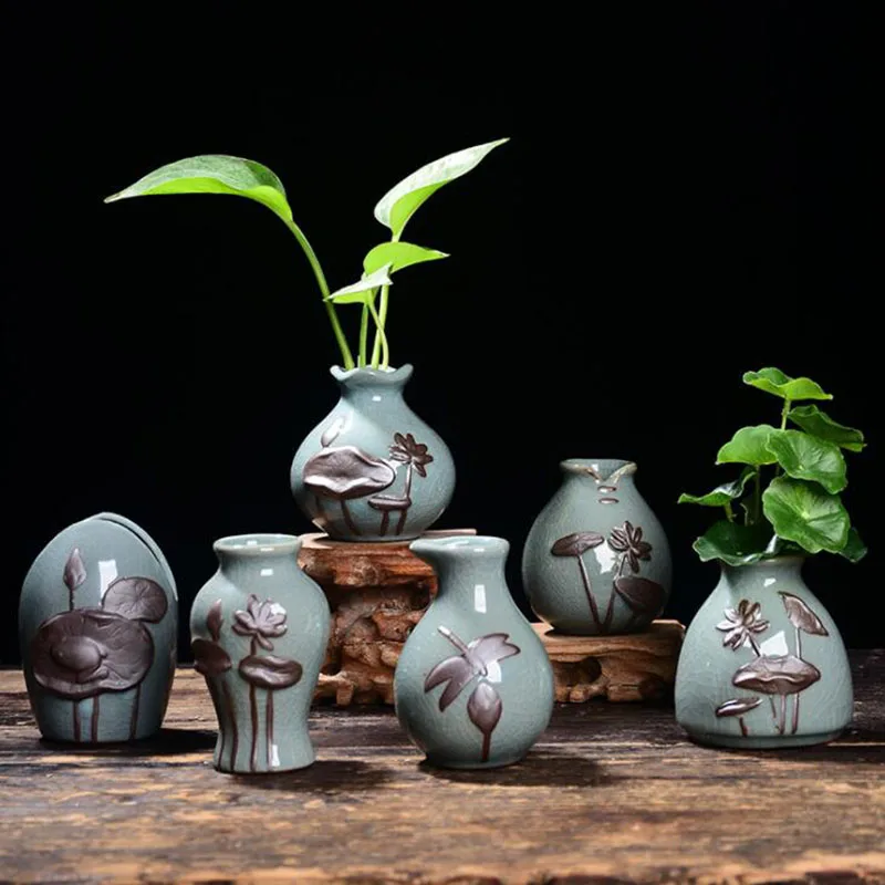 Creative Ceramic Small Vase Simple Household Ge Yao Hydroponic Floret Jardiniere with Lotus Pattern for Living Room Home Decor