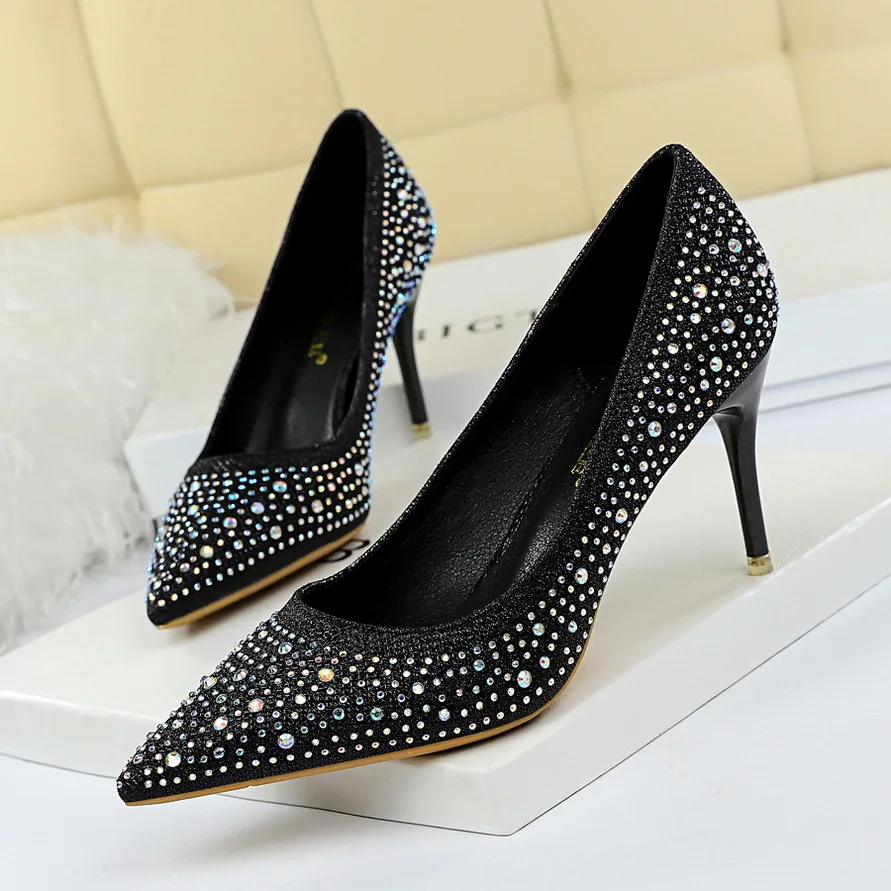 Fashion Rhinestone Shallow Women Pumps 2024 Autumn Black Pink Crystal Wedding Pointed Toe High Heels 7CM Shoes Party Ladies Sexy