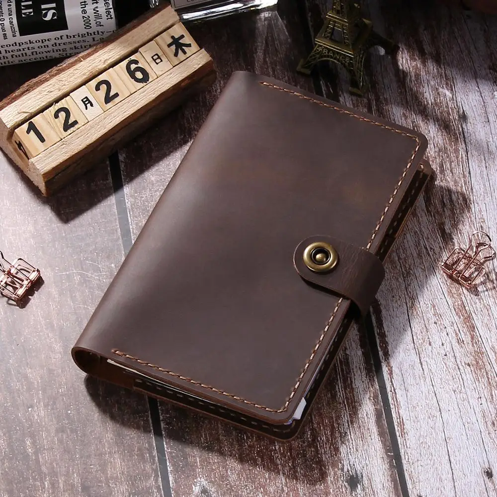 Handmade Leather Journal Notebook, A6 Ring Binder Organizer Agenda