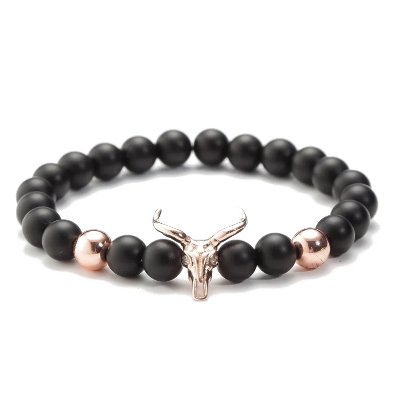 Punk CZ Bull Head Skull Men Bracelet Fashion 8MM Lava Stone Beads Charm Bracelets & Bangles Macrame Strand Jewelry Gift