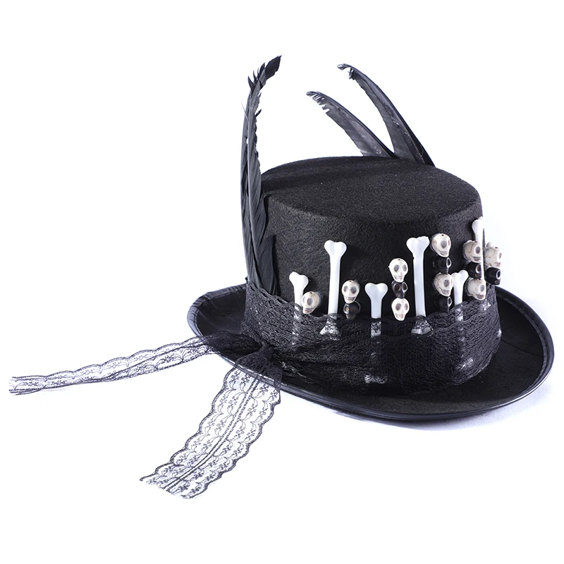 Hat Men Women Gothic Top Hat With Skulls Lace Feather Stage Magic Hat New Fashion Steampunk Handmade Skeleton Hats Party