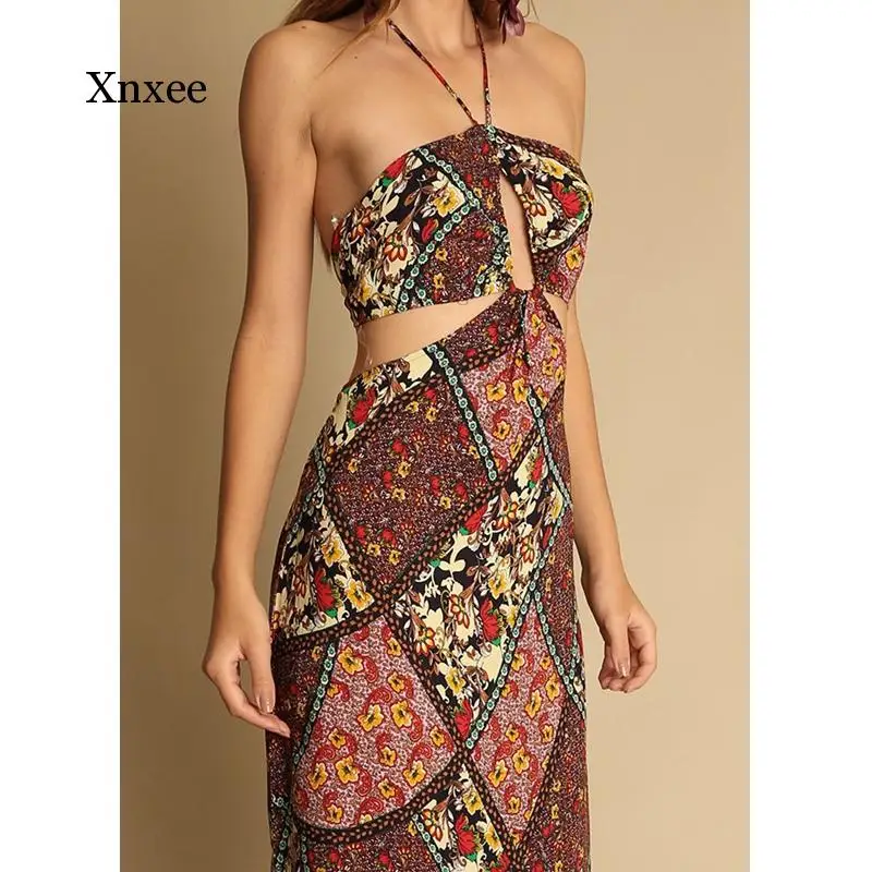 

Vintage Printed Halter Dress Women Summer Fashion Backless Wrap Sexy Floor Length Long Dresses Streetwear Beach Clothing