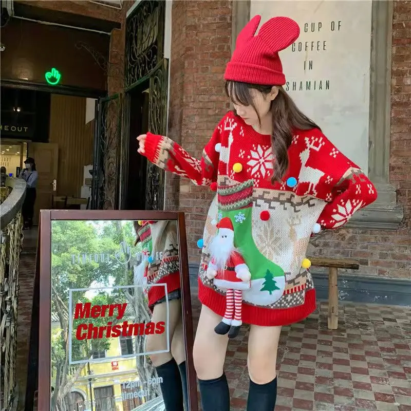 Woman's Sweater Lady Christmas Deer Xmas Textural Santa Claus Knit O-Neck Pullover Loose-Fitting Holiday Ins Fashion Sweet