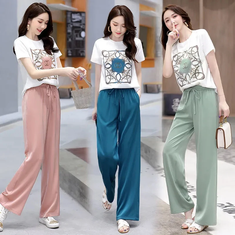 2025 Summer New Women Two-piece Suit Middle Aged Loose Short Sleeve Tshirt Tops And Wide leg pants 2 piece Set Female Outfits