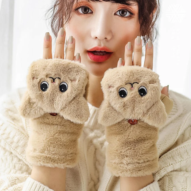 

2021 Women Winter Warm Soft Cute Rabbit Fur Knit Mittens Flip Half Finger Driving Gloves Plush Kids Cartoon Cat Thicken Gloves