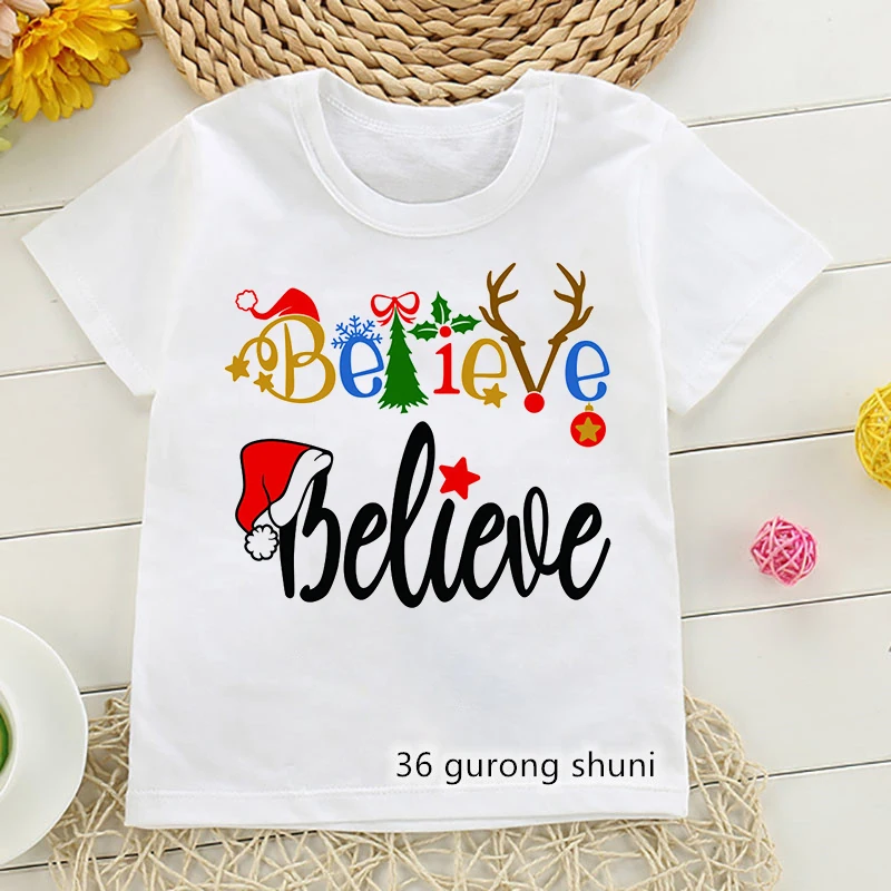 Rainbow Believe Deer Graphic Print Tshirt Summer Tops For Girls/Boys Merry Christmas Gift T-Shirt Harajuku Kawaii Kids Clothes