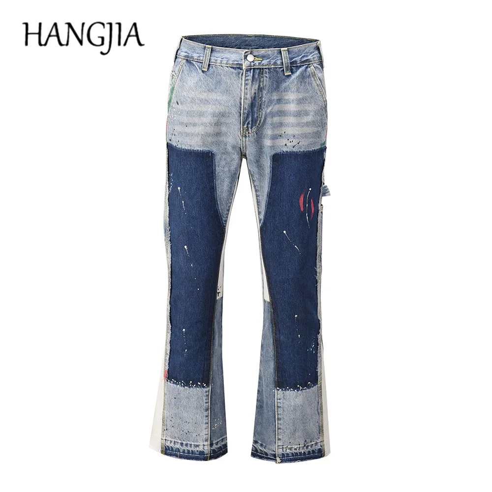 Distressed Splash Ink Flare Jeans Urban Streetwear Patch Mens Graffiti Wide Jean Hip Hop Washed Blue Slim Fit Denim Pants Men