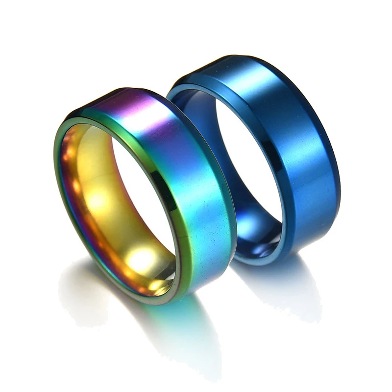 Letdiffery Simple 8mm Stainless Steel Women Men Rainbow Rings Blue Multi-Colors Wedding Rings