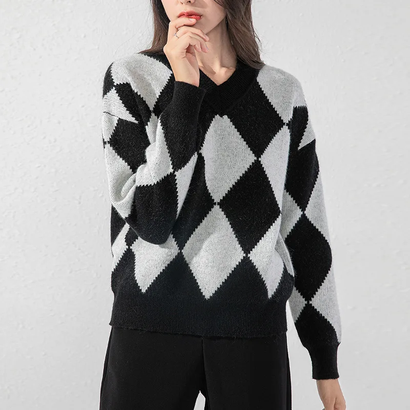 

Europe Lazy Style Sweater Women's Knitwear Diamond-shaped V-neck Pullover Women Long-sleeved 2021 Autumn New Tops Women