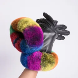 MPPM Leather Gloves Women Warm Autumn Winter Soft Decoration Rex Rabbit Fur Wrist Coral Velvet Thick Real Fur Elegant Gloves