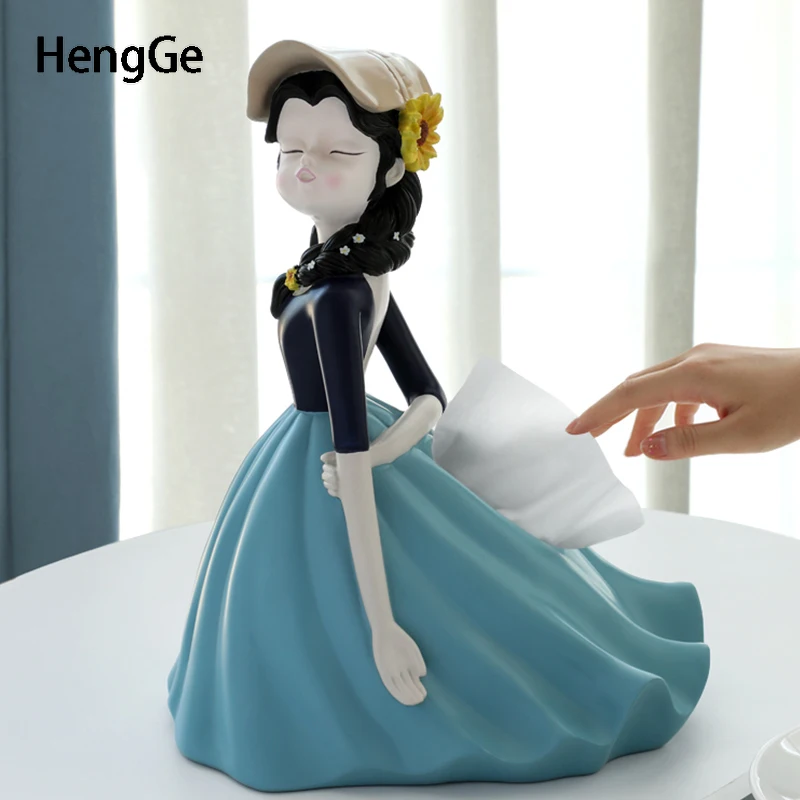 

Light Luxury Maiden Tissue Box Resin Embellishments Cartoon Figure Sculpture Napkins Organizer Box Room Decoration Accessories