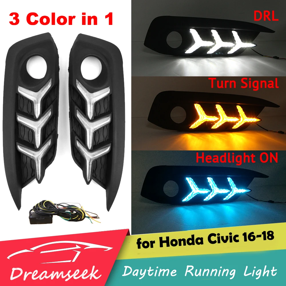 3 Color LED DRL Fog Light for Honda Civic 10th 2016 2017 2018 Daytime Running Light Driving Lamp with Turn Signal Fishbone Style