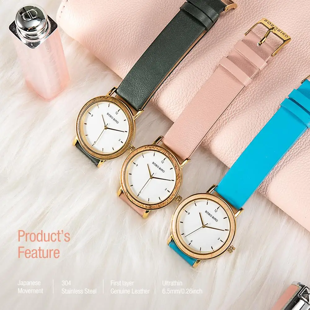 montre femme BOBO BIRD Wood Watches for Women Golden 6.5 mm Ultra-thin Japanese Movement Quartz Watch Genuine Leather Strap