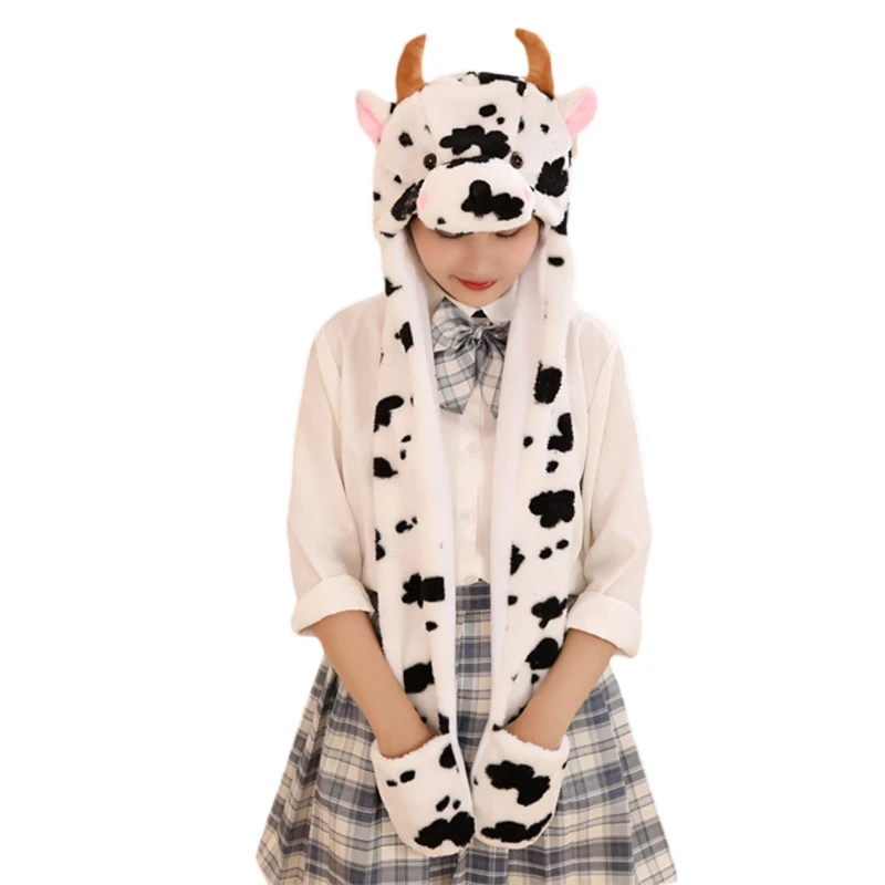 New Kids Cute Cow Animal Plush Hat with Moving Ears Fluffy Warm Earflap Cap Scarf