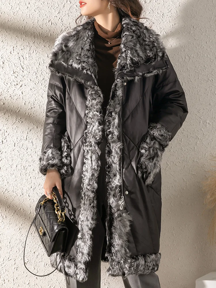 Real Sheepskin Jacket Women Winter Warm White Duck Down Coat Wool Collar Long Casual Women's Clothes Veste Cuir Femme WPY4710