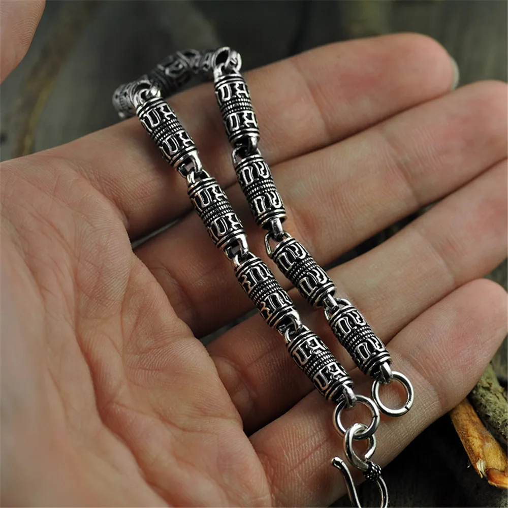 Solid 925 Sterling Silver Bracelet Tibetan Mantra Chain Retro Thai silver Jewelry Mens Gift