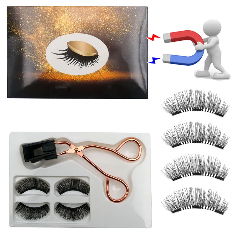 New 2 Pairs 8PCS 3D Natural Magnetic Eyelashes , Handmade Reusable Magnetic False Eyelashes With 3 Magnets Magnetic Eyelashes