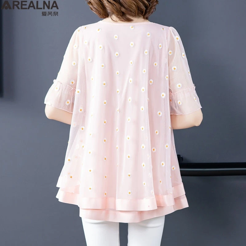 Blusa de gasa con encaje floral para verano, camisa de manga corta con bordado floral, color rosa, M-5XL, 2022