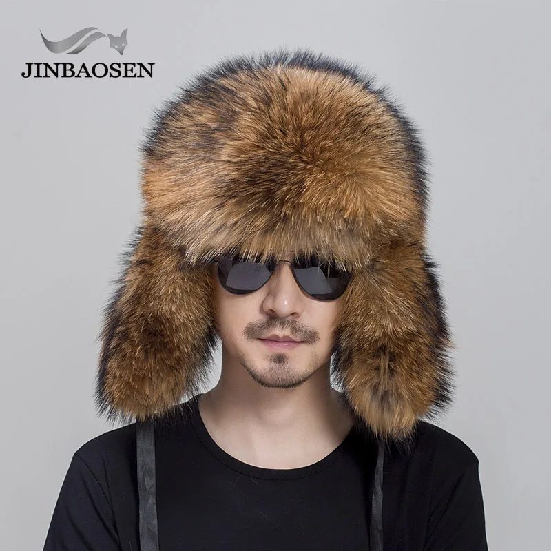 JINBAOSEN Genuine Fox Fur Hats for Men Real Raccoon Fur Lei Feng Caps Winter Men Ear Hats for Women