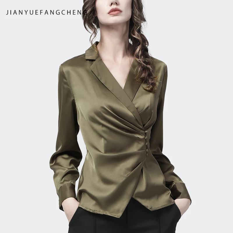 Office Ladies Suit Collar Long Sleeve Shirt Women Autumn New Satin Tunic Tops Blouse Slim V-Neck Elegant Olive Green Shirts