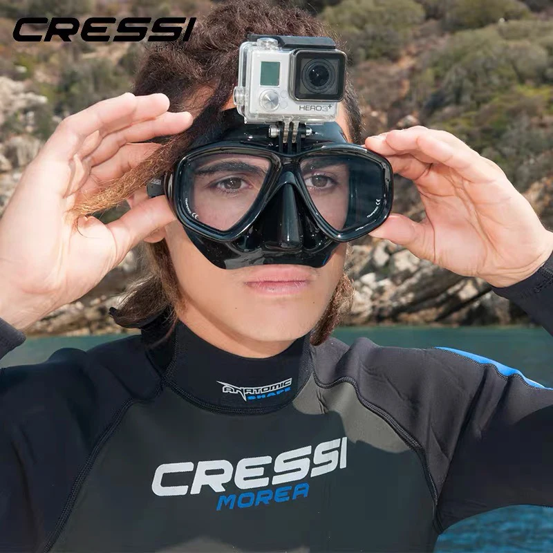 Cressi ACTION maska do nurkowania z kamera Go Pro Mount szkło hartowane 2 okno niska objętość Snorkeling maska do pływania dla dorosłych