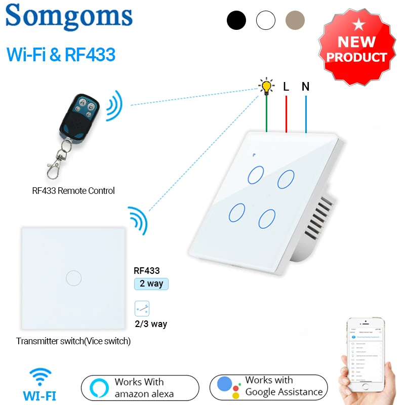 

NEW WiFi Smart Light Switch RF433 Transmitter Switch Smart Life Tuya App Control Works with Alexa Google Home 2/3 Way