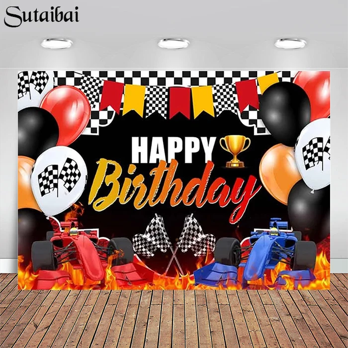 Car Racing Birthday Party Backdrop Sports Car Race Track Party Photography Background Props Boys Racing Champion Trophy Balloons