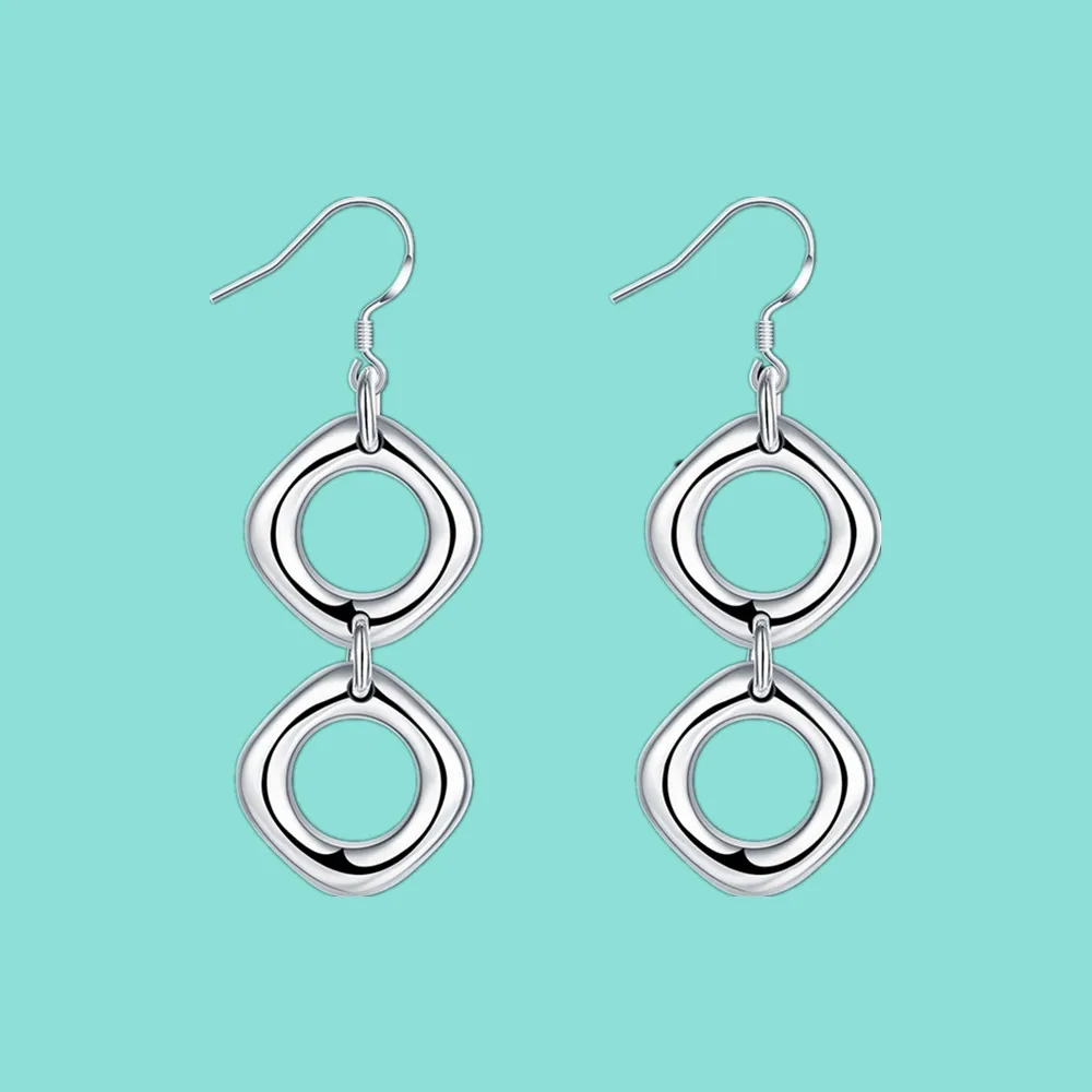 Hot Long Square Earrings Charm Women 925 Silver Charm Circles Earrings Jewelry Party Gift