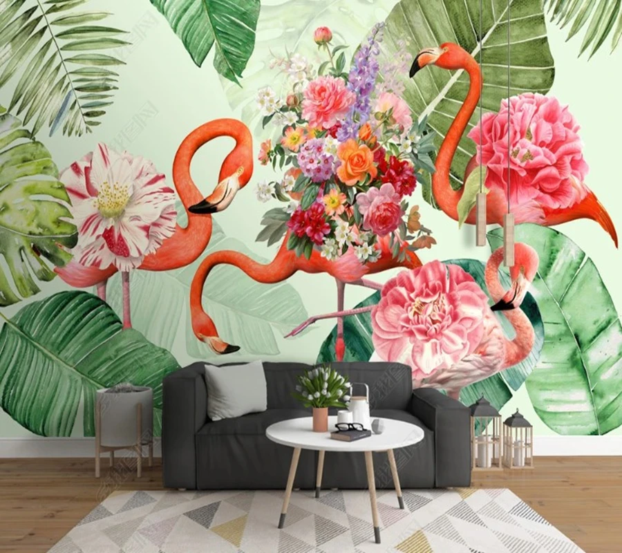 Papel de parede Modern art small fresh green flamingo 3d wallpaper,bedroom KTV bar mural wall decor