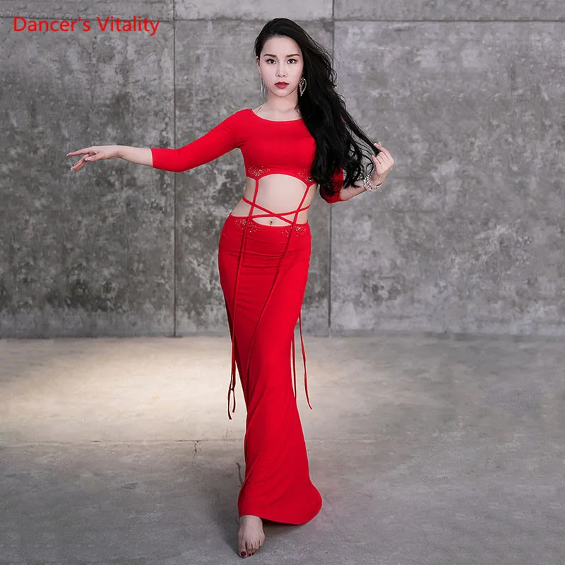 Belly Dance Suit Modal Top Long Sleeve Split Skirt Performance Clothes Female Adult Elegant Bandage Set Competition Clothing