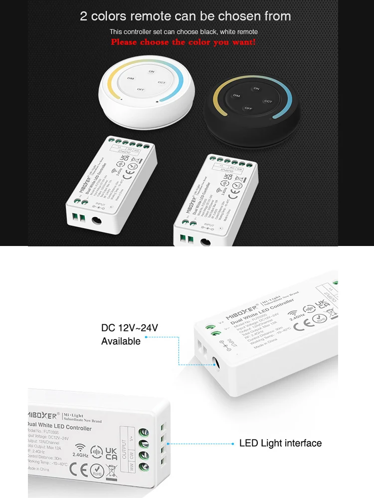 White/Black 2.4GHz Color Temp Sunrise Round Touch Remote Control + LED Controller DC12V 24V Dimmer Kits For Dual White LED Strip