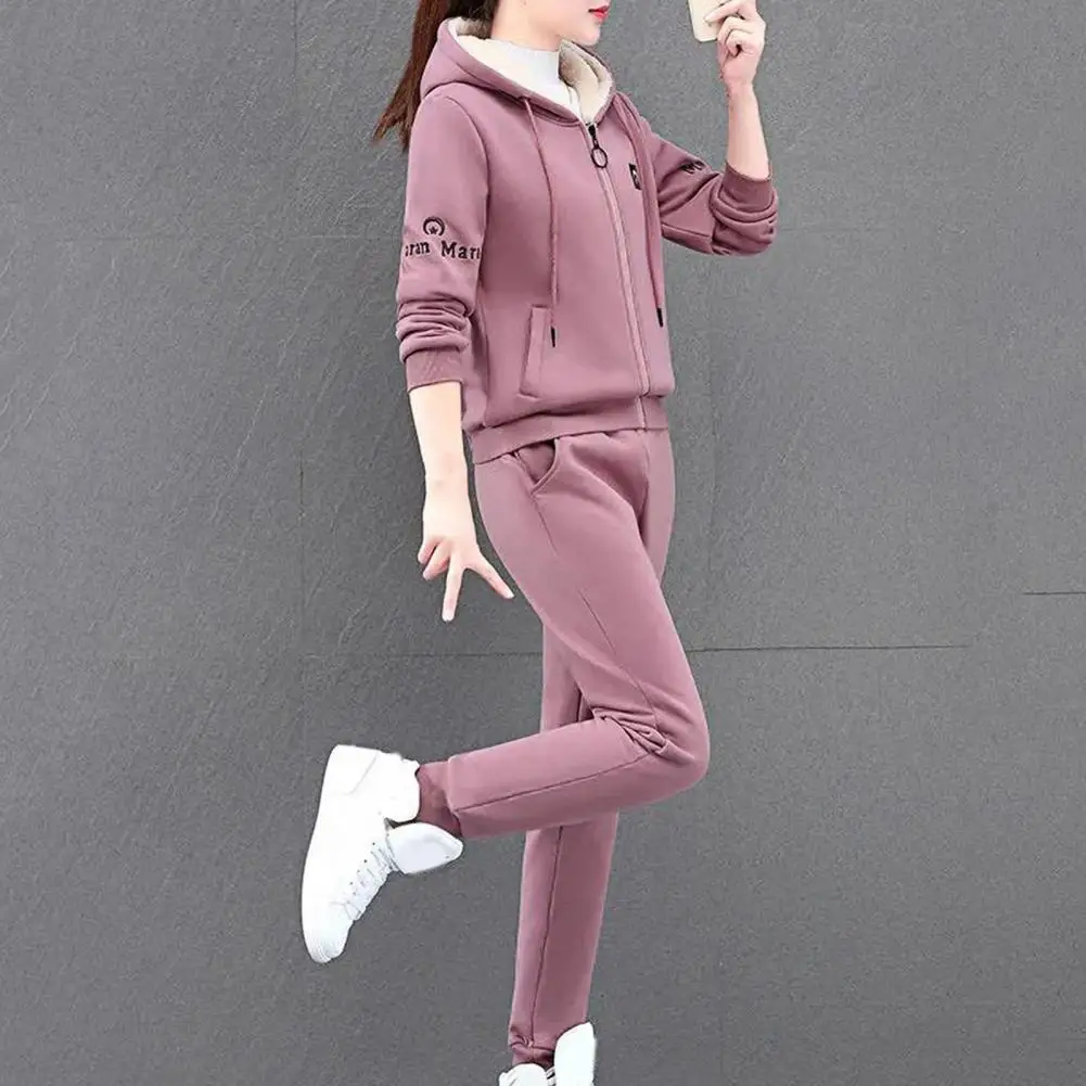 Winter Thickened Lambswool Tracksuit Women Hooded Zip Up Sweatshirt Plus Velvet Pant Suit Casual Two Piece Set chandals mujer