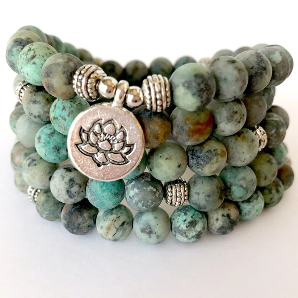 

MG1359 8 mm Matte African Turquoise Gemstone 108 Mala Bracelet Women`s Spiritual Balance Bracelet Lotus Yoga Mala Beads Jewelry