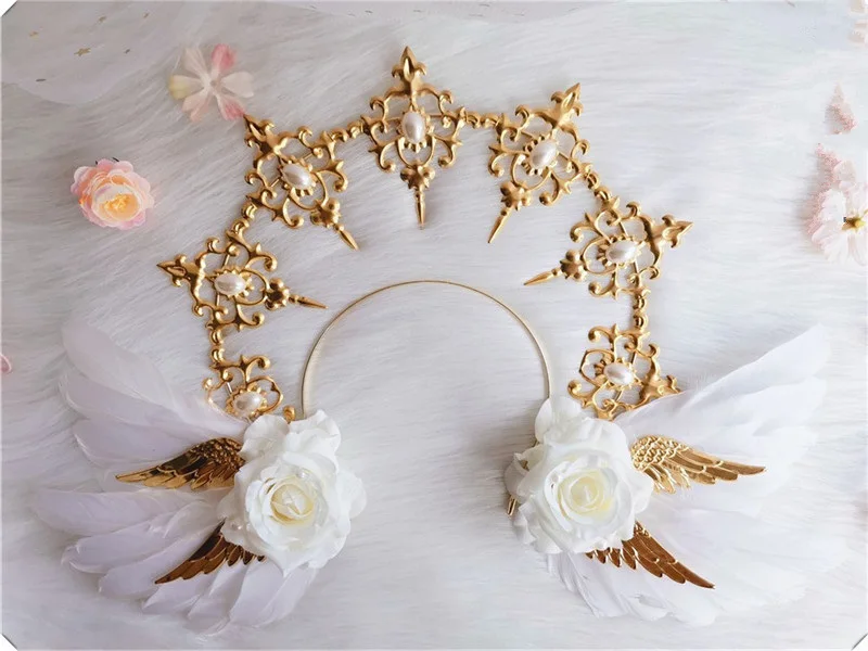 Lolita Sun Godmother's Crown copricapo KC Gothic White Rose Angel Wings Virgin Mary Bead Chain barocco Tiara accessori per capelli